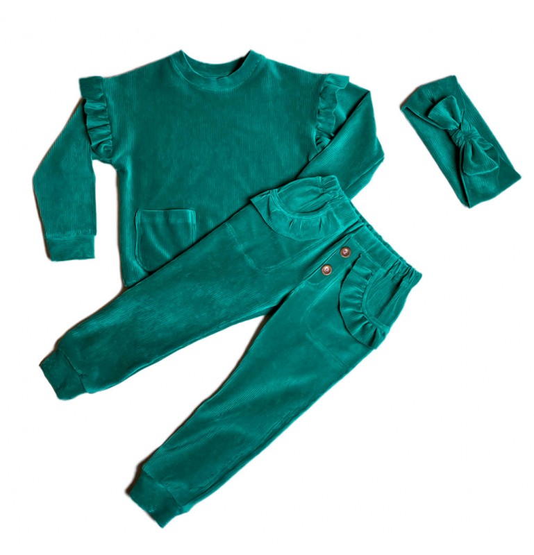 Komplet dresowy komplet welurowy dziewczęcy bluza spodnie opaska welurowe hand made Polska produkcja odzieży organicznej